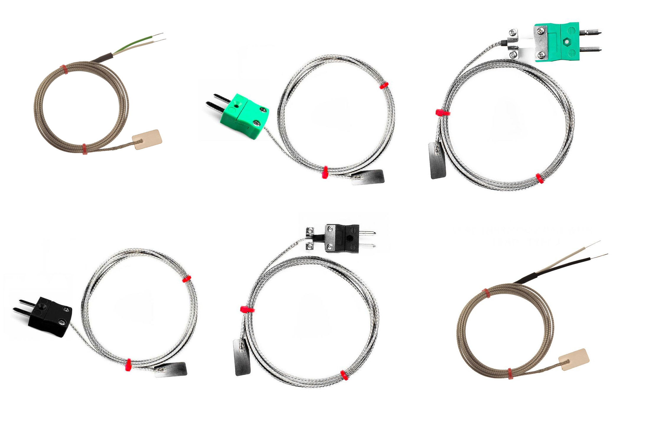Termocoppia a foglia IEC, cavo isolato in fibra di vetro con treccia in acciaio inox che termina a coda nuda, spina miniaturizzata o standard
