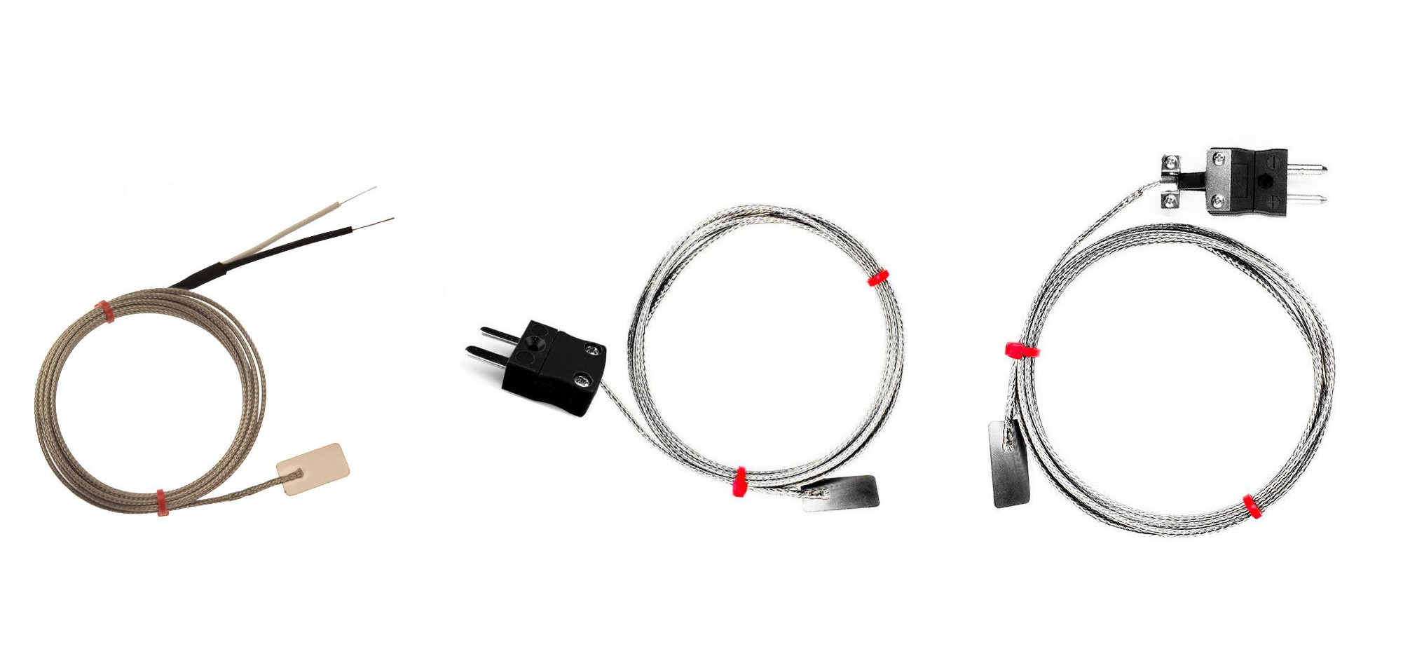 Termocoppia a foglia IEC, cavo isolato in fibra di vetro con treccia in acciaio inox terminante in code nude, spina miniaturizzata o standard - tipo J
