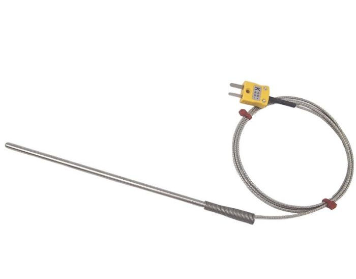 Sonda a termocoppia ANSI per impieghi generici, cavo isolato in fibra di vetro con treccia in acciaio inox - tipo K terminante in spina miniaturizzata
