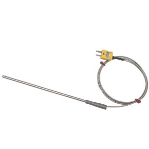 Sonda per termocoppia ANSI tipo K per uso generale, cavo isolato in fibra di vetro con treccia in acciaio inossidabile che termina in code nude, spina miniaturizzata o standard