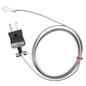Termocoppia a rondella IEC, cavo isolato in fibra di vetro con treccia in acciaio inox tipo J con terminazione a spina standard - dimensione foro rondella 4,0 mm